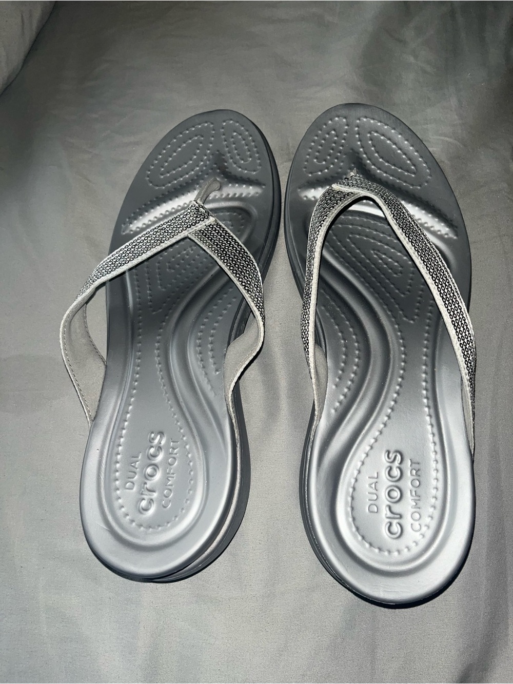 CROCS Women's Size 11 Silver Gray Dual Comfort Flip Sandals